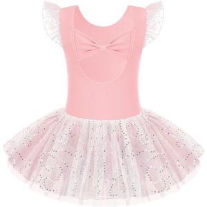 NEW - Girls Flutter Sleeve Ballet Leotards Tutu Skirt Dance Ballerina Dress